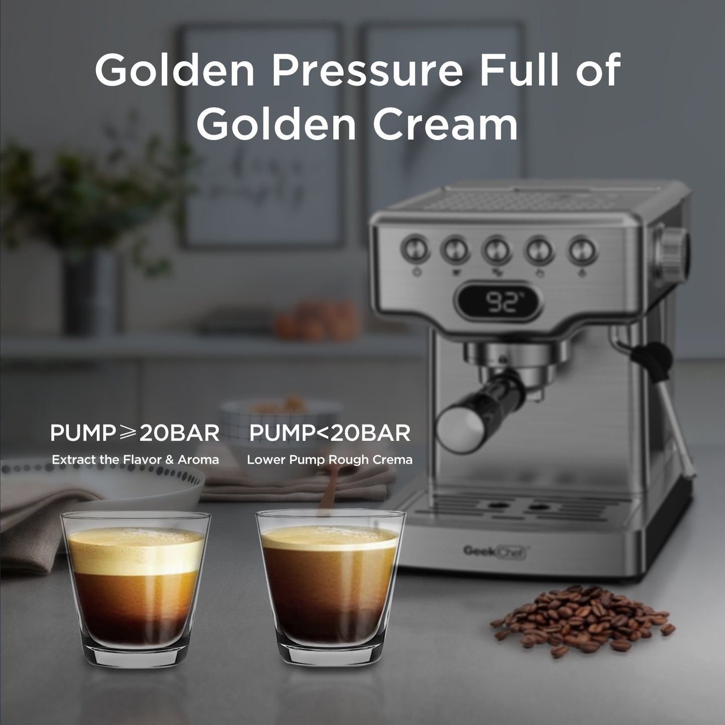 Luxiwav Geek Chef 20 Bar Espresso Machine with Milk Frother, 1.8L Water Tank