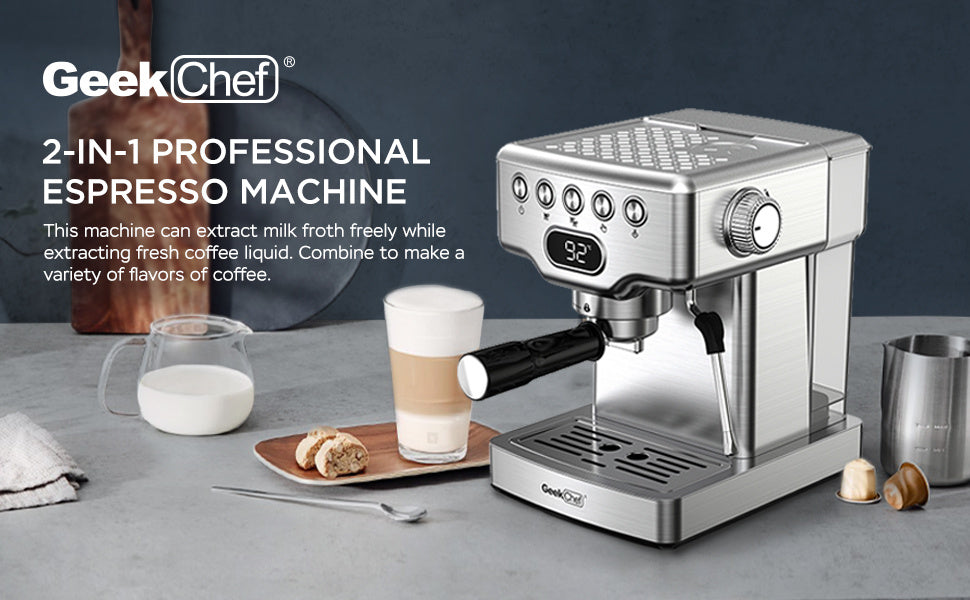 Luxiwav Geek Chef 20 Bar Espresso Machine with Milk Frother, 1.8L Water Tank