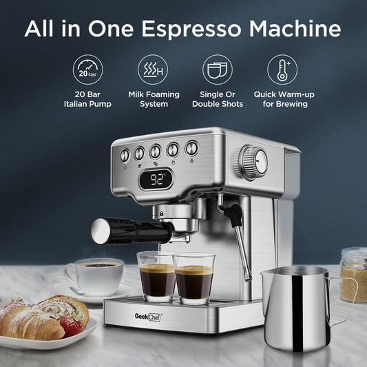 Luxiwav Geek Chef 20 Bar Espresso Machine with Milk Frother, 1.8L Water Tank